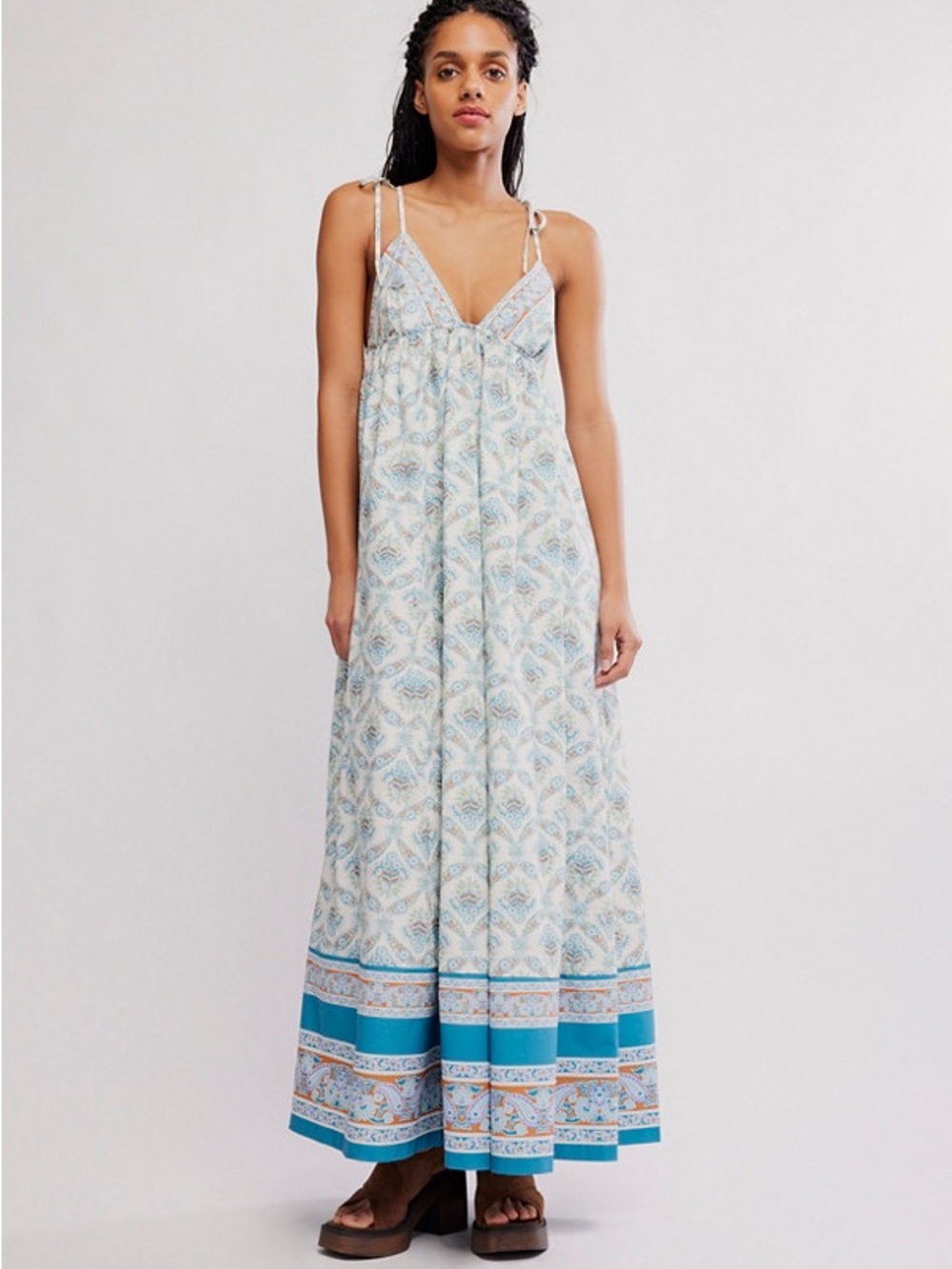 Free People Light Blue and Cream Printed Maxi Dress with Tie Straps
